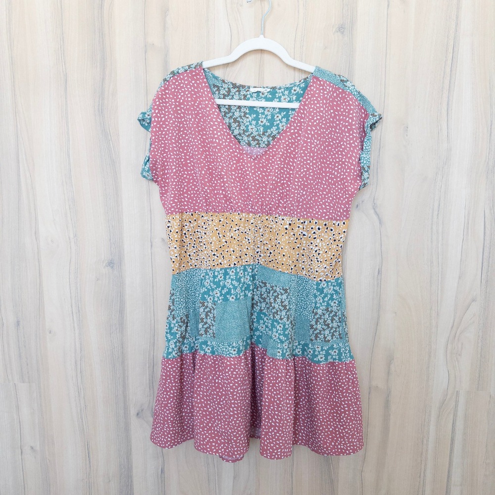 Kori Floral Parchwork Mini Dress Medium Multicolor Tiered Boho Cottage Summer - Picture 2 of 9